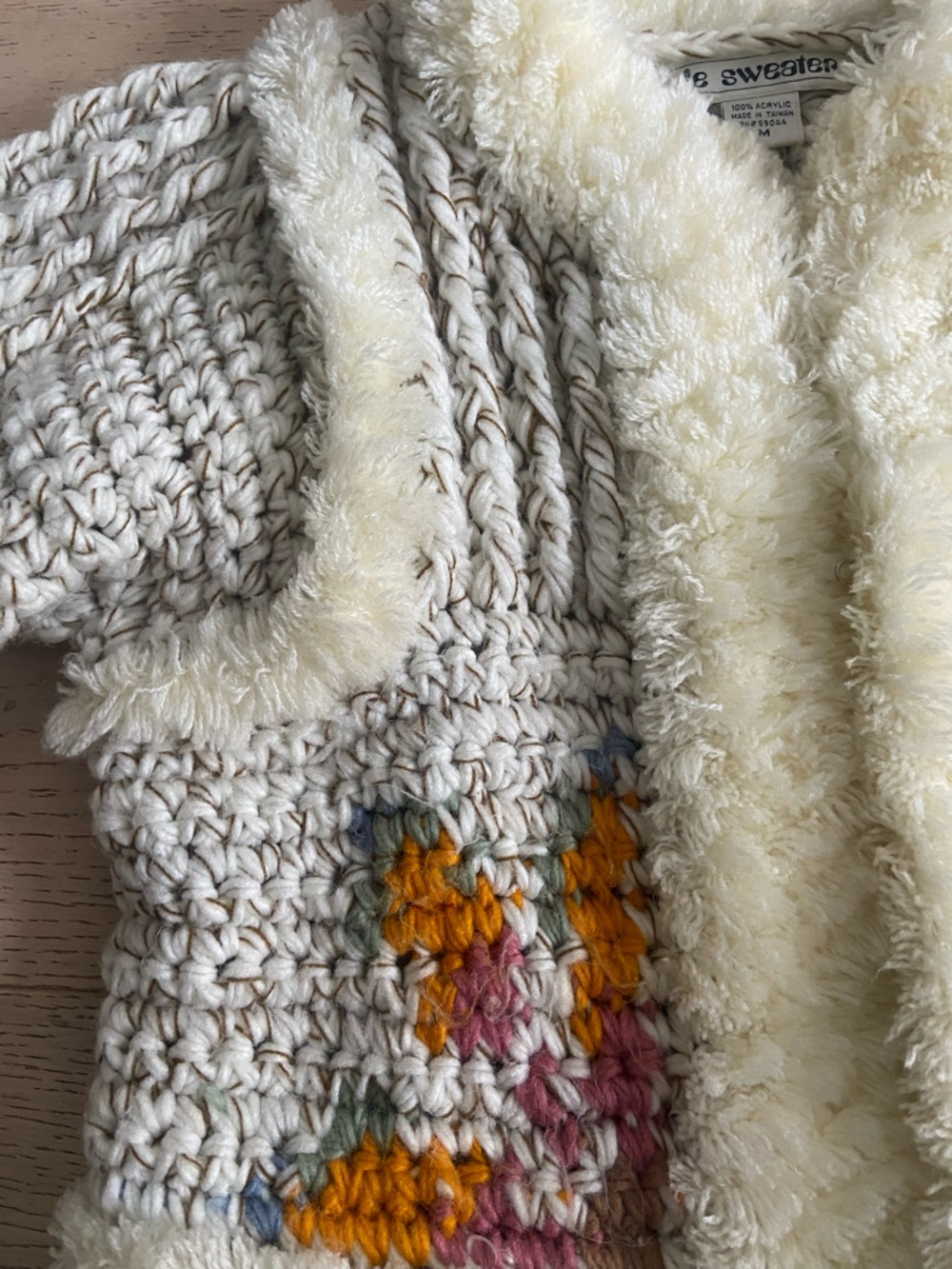 VINTAGE 80s Le Sweater Chunky Knit Cardigan Coat Cream Faux Fur Trim Floral EUC - Picture 5 of 9